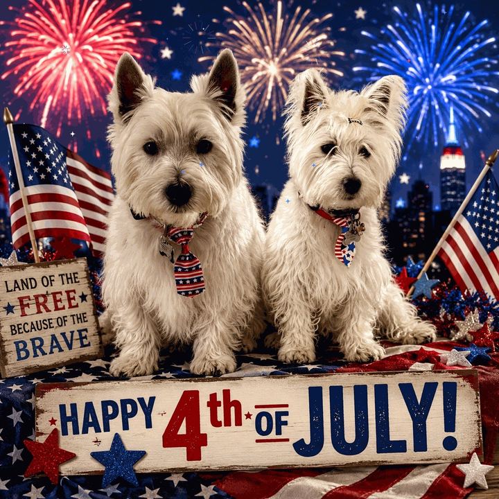 Illustrated Fourth of July card of two westies with fireworks and flags